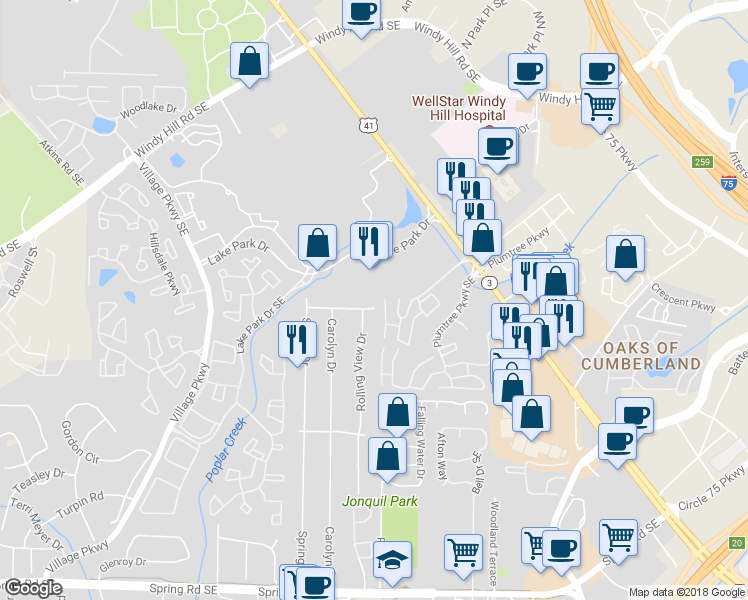 map of restaurants, bars, coffee shops, grocery stores, and more near 2381 Brenda Drive Southeast in Smyrna