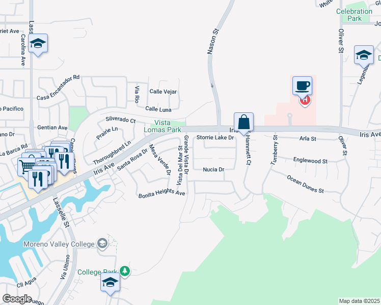 map of restaurants, bars, coffee shops, grocery stores, and more near 15647 Poncha Springs Way in Moreno Valley