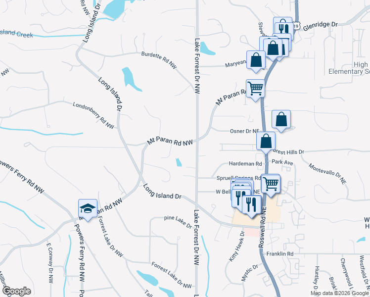 map of restaurants, bars, coffee shops, grocery stores, and more near 22 Mount Paran Road Northwest in Atlanta