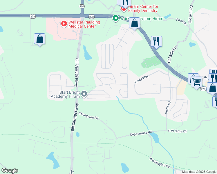 map of restaurants, bars, coffee shops, grocery stores, and more near 18 Greystone Ridge in Hiram