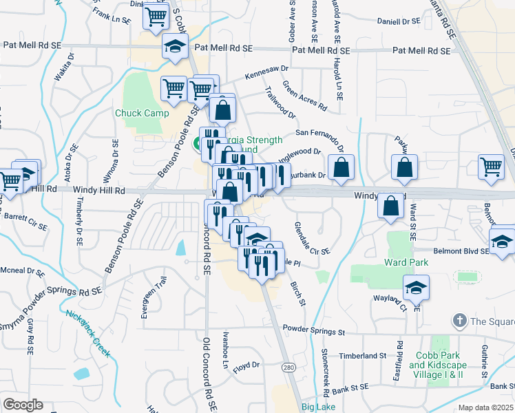 map of restaurants, bars, coffee shops, grocery stores, and more near 2423 Ventura Place in Smyrna