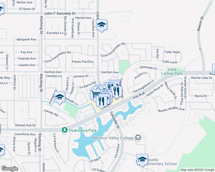 map of restaurants, bars, coffee shops, grocery stores, and more near 15700 Lasselle Street in Moreno Valley