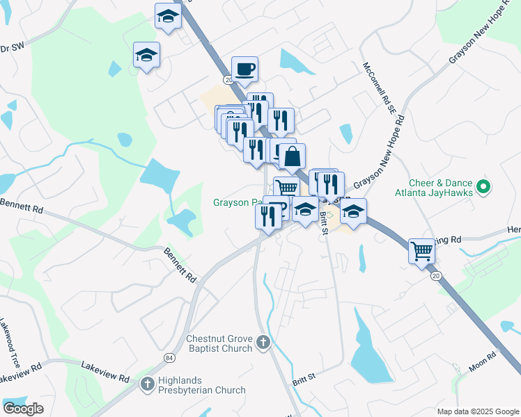 map of restaurants, bars, coffee shops, grocery stores, and more near 2057B Rosebud Road in Grayson