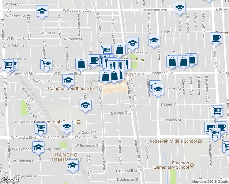 map of restaurants, bars, coffee shops, grocery stores, and more near 132 Racquet Club Drive in Compton
