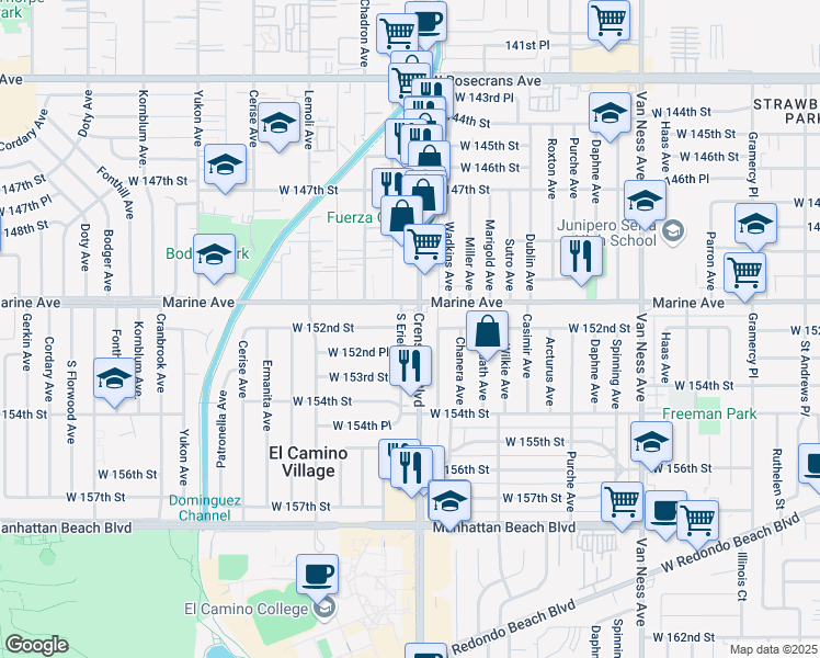 map of restaurants, bars, coffee shops, grocery stores, and more near 15121 South Eriel Avenue in Gardena