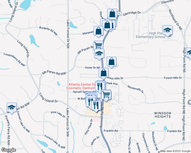 map of restaurants, bars, coffee shops, grocery stores, and more near 93 Chemin De Vie Northeast in Atlanta