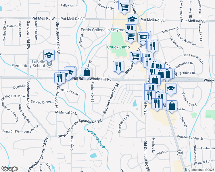 map of restaurants, bars, coffee shops, grocery stores, and more near 253 Longleaf Drive Southeast in Marietta