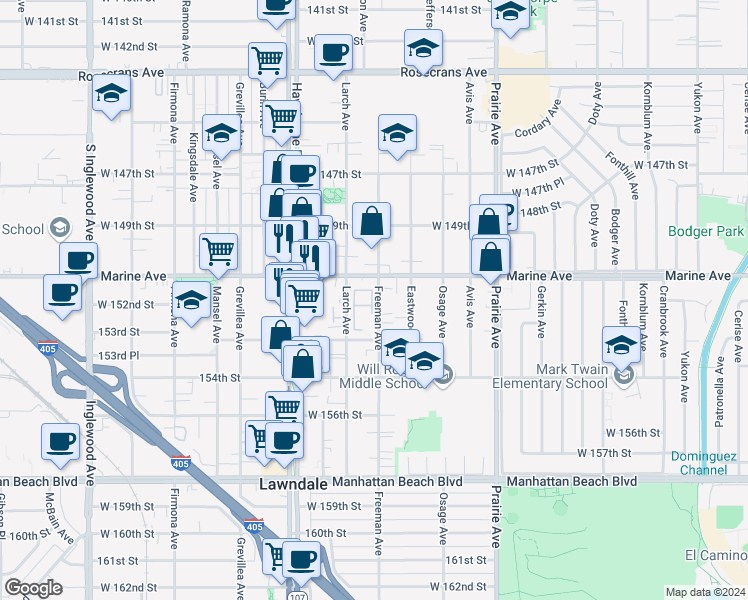 map of restaurants, bars, coffee shops, grocery stores, and more near 15111 Freeman Avenue in Lawndale