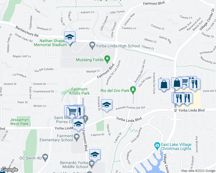 map of restaurants, bars, coffee shops, grocery stores, and more near 4586 Avenida De Las Flores in Yorba Linda