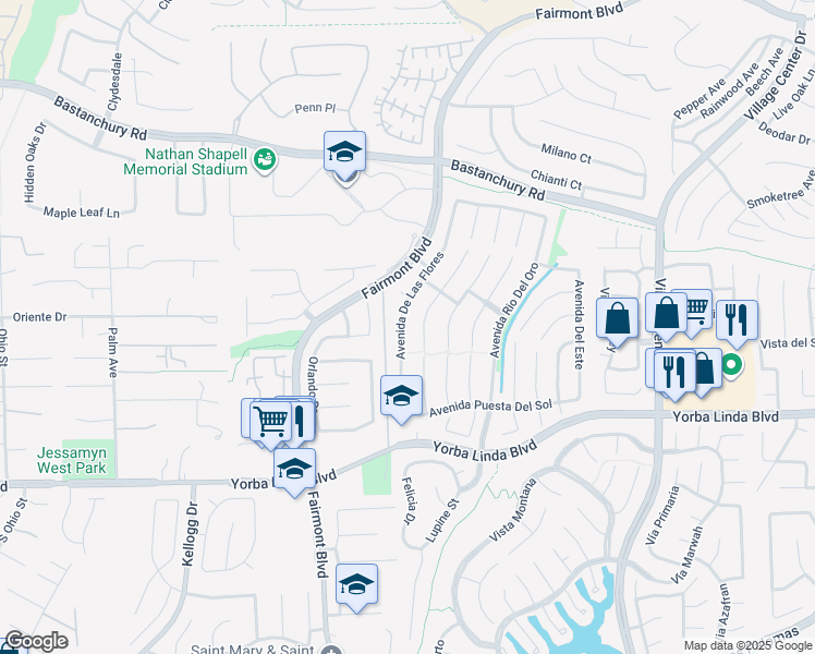 map of restaurants, bars, coffee shops, grocery stores, and more near 4586 Avenida De Las Flores in Yorba Linda