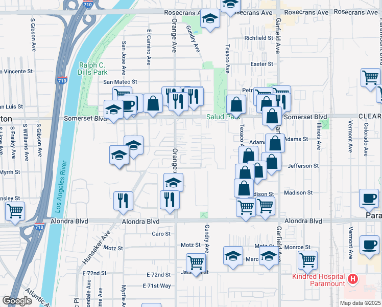 map of restaurants, bars, coffee shops, grocery stores, and more near 15333 Gundry Avenue in Paramount
