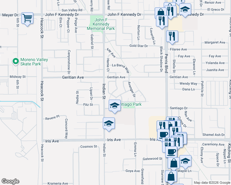 map of restaurants, bars, coffee shops, grocery stores, and more near 15617 Raptor Road in Moreno Valley