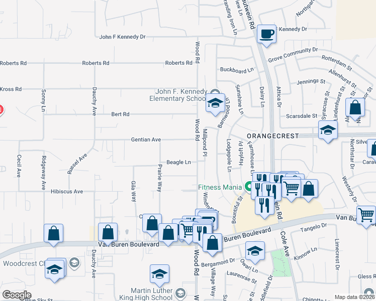 map of restaurants, bars, coffee shops, grocery stores, and more near 15511 Wood Road in Riverside