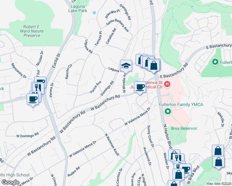 map of restaurants, bars, coffee shops, grocery stores, and more near 455 West Bastanchury Road in Fullerton