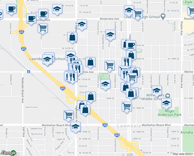 map of restaurants, bars, coffee shops, grocery stores, and more near 15125 Firmona Avenue in Lawndale