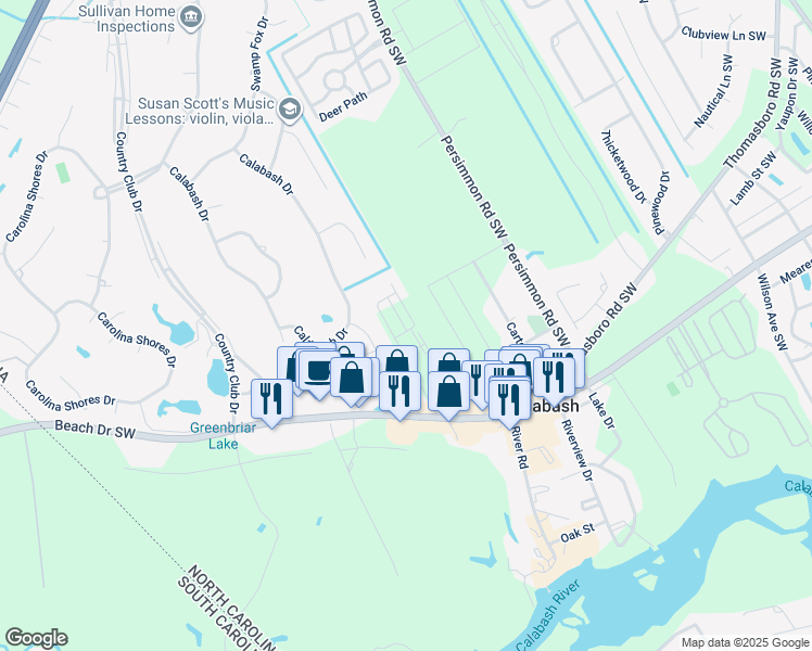 map of restaurants, bars, coffee shops, grocery stores, and more near 5 Topsail Court in Carolina Shores