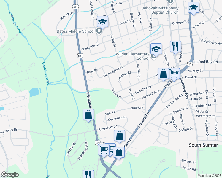 map of restaurants, bars, coffee shops, grocery stores, and more near 980 Houck Street in Sumter