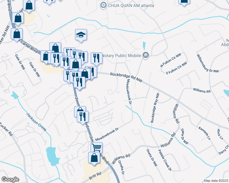 map of restaurants, bars, coffee shops, grocery stores, and more near 1054 Redwood Drive in Norcross