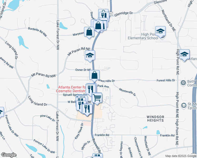 map of restaurants, bars, coffee shops, grocery stores, and more near 5095 Roswell Road in Sandy Springs