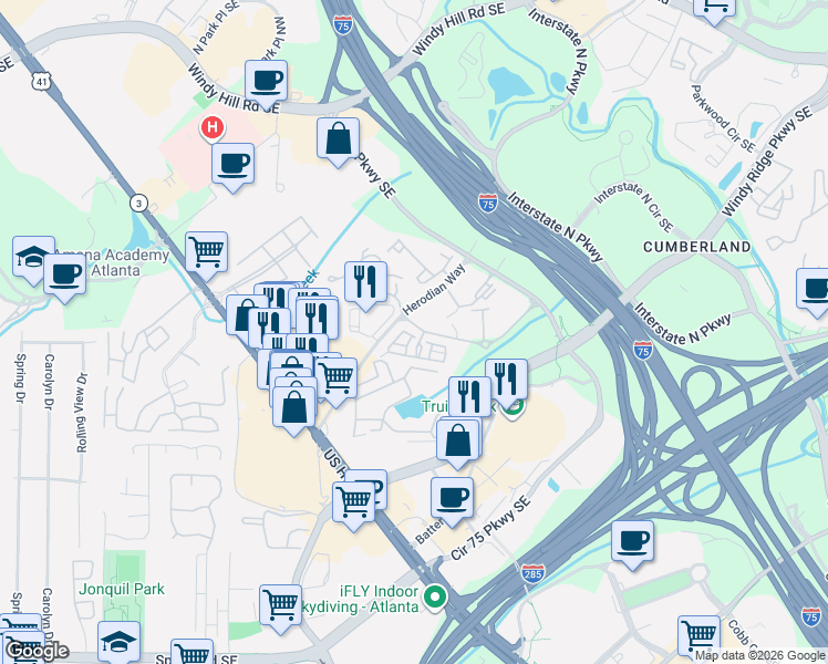 map of restaurants, bars, coffee shops, grocery stores, and more near 2358 Crescent Park Court in Atlanta