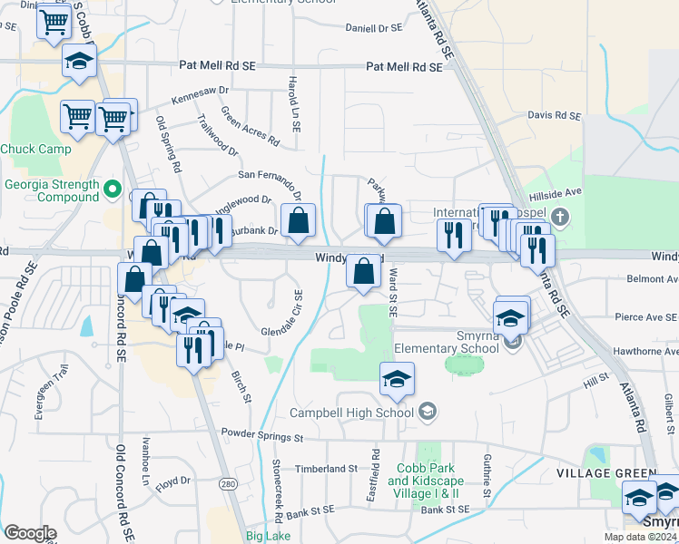 map of restaurants, bars, coffee shops, grocery stores, and more near 810 Windy Hill Road in Smyrna