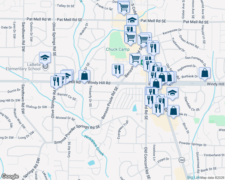 map of restaurants, bars, coffee shops, grocery stores, and more near 2432 Benson Poole Road Southeast in Smyrna
