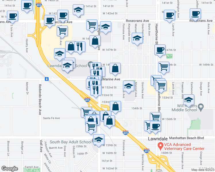 map of restaurants, bars, coffee shops, grocery stores, and more near 4715 West 152nd Street in Lawndale