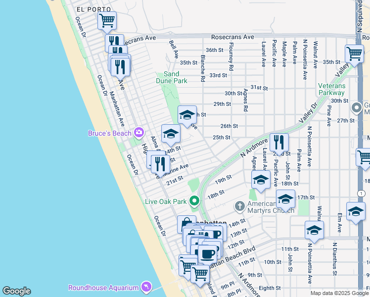 map of restaurants, bars, coffee shops, grocery stores, and more near 510 24th Street in Manhattan Beach