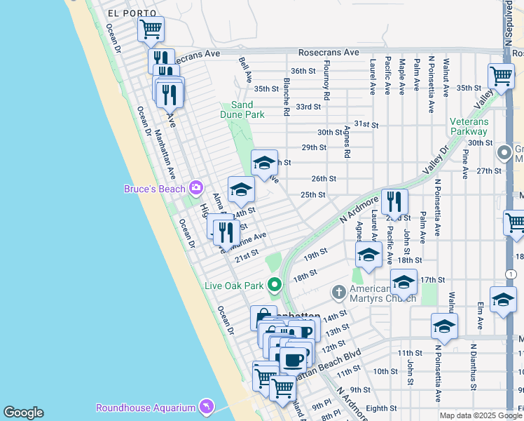 map of restaurants, bars, coffee shops, grocery stores, and more near 510 24th Street in Manhattan Beach