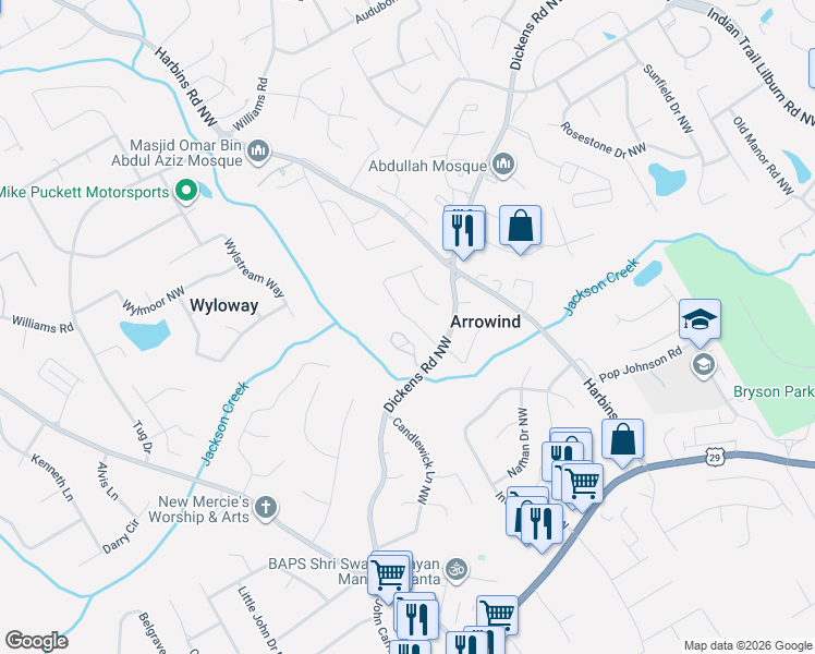 map of restaurants, bars, coffee shops, grocery stores, and more near 5520 Arrowind Road Northwest in Lilburn