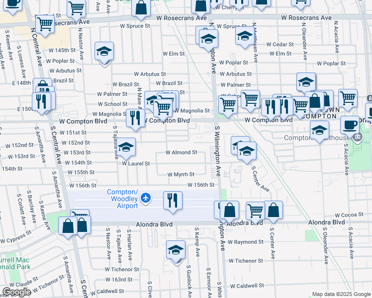 map of restaurants, bars, coffee shops, grocery stores, and more near 941 West Almond Street in Compton