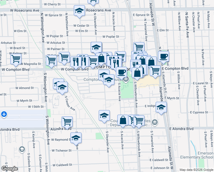 map of restaurants, bars, coffee shops, grocery stores, and more near 346 West Almond Street in Compton