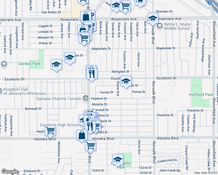 map of restaurants, bars, coffee shops, grocery stores, and more near 11918 Highdale Street in Norwalk
