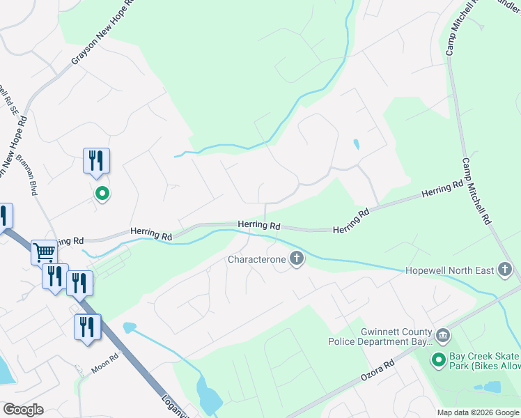 map of restaurants, bars, coffee shops, grocery stores, and more near 2375 Amberbrook Lane in Grayson
