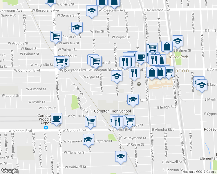 map of restaurants, bars, coffee shops, grocery stores, and more near 428 West Almond Street in Compton
