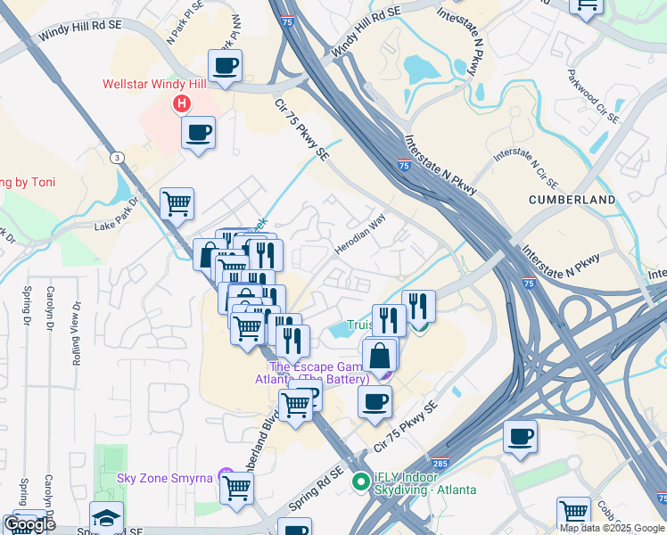 map of restaurants, bars, coffee shops, grocery stores, and more near 2500 Crescent Park Court in Atlanta