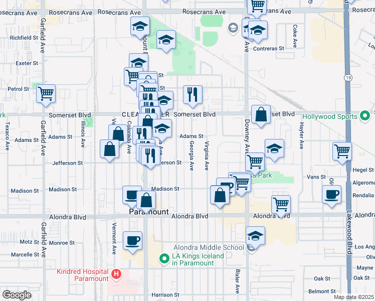 map of restaurants, bars, coffee shops, grocery stores, and more near 15327 Georgia Avenue in Paramount