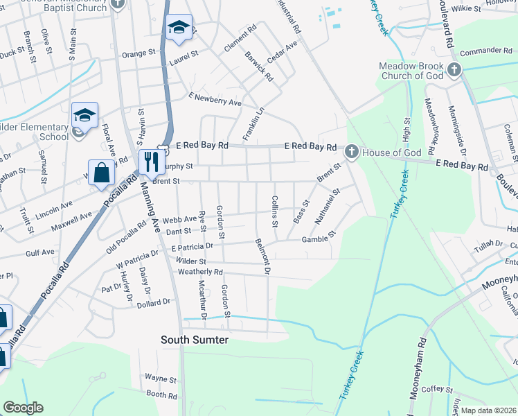 map of restaurants, bars, coffee shops, grocery stores, and more near 205 Webb Avenue in Sumter