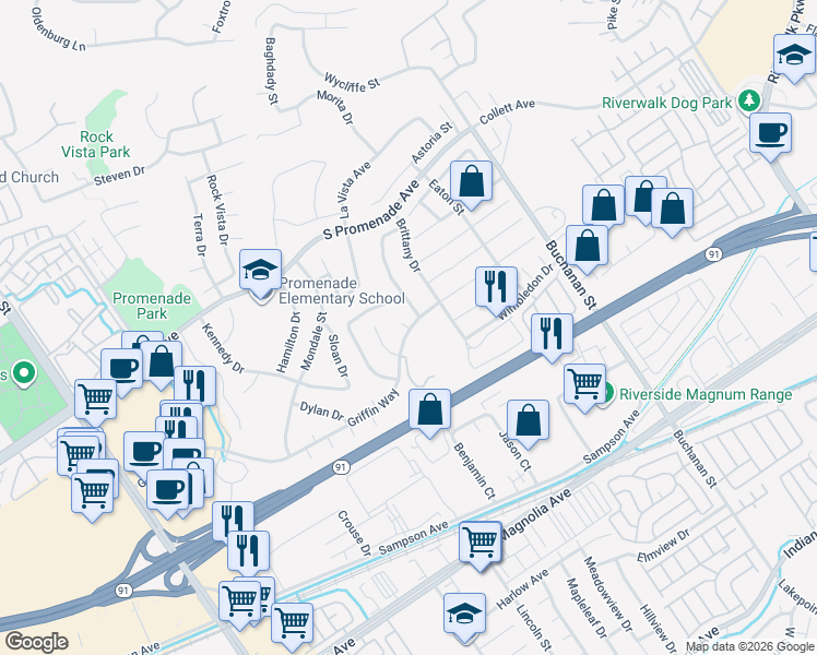 map of restaurants, bars, coffee shops, grocery stores, and more near 401-499 Wellington Drive in Corona