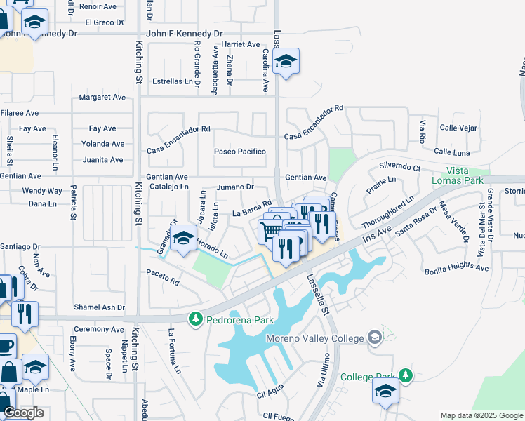 map of restaurants, bars, coffee shops, grocery stores, and more near 25945 La Barca Road in Moreno Valley
