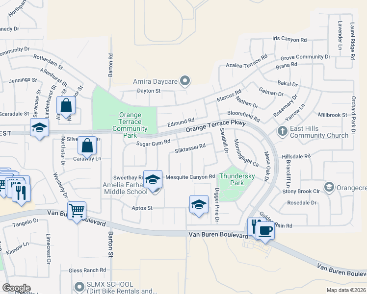 map of restaurants, bars, coffee shops, grocery stores, and more near 20314 Silktassel Road in Riverside