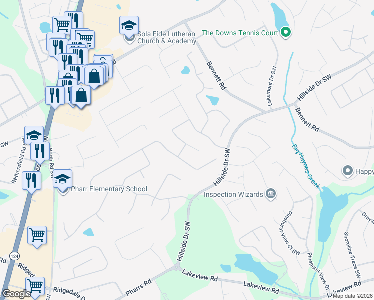 map of restaurants, bars, coffee shops, grocery stores, and more near 1553 Greensboro Way in Grayson