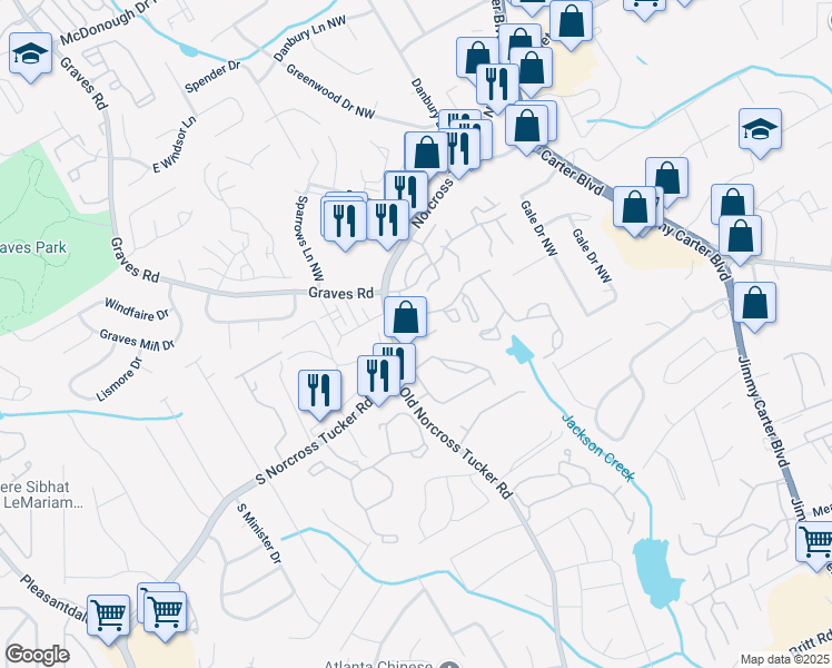 map of restaurants, bars, coffee shops, grocery stores, and more near 6168 South Norcross Tucker Road in Tucker