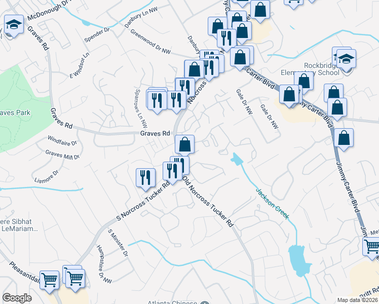 map of restaurants, bars, coffee shops, grocery stores, and more near 6168 South Norcross Tucker Road in Tucker