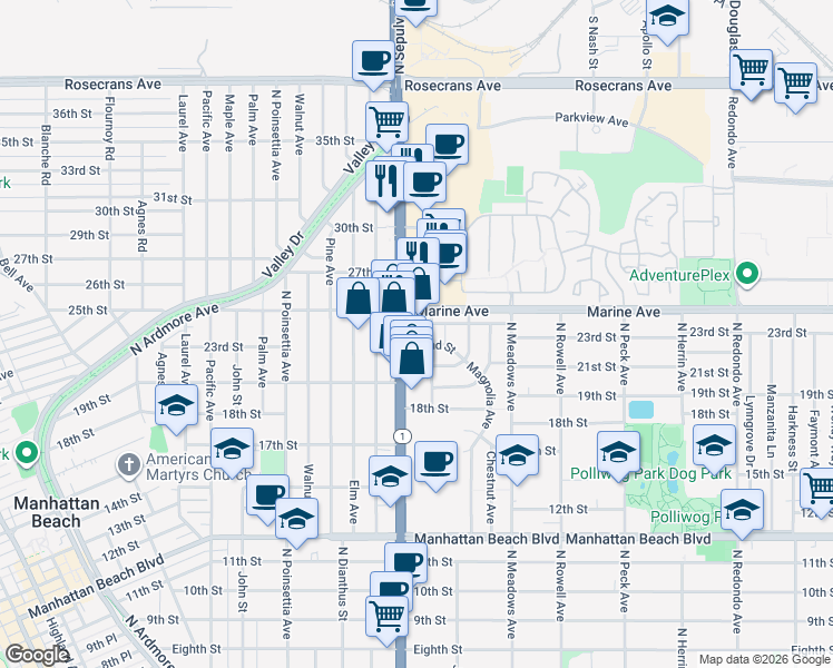 map of restaurants, bars, coffee shops, grocery stores, and more near 2400 North Sepulveda Boulevard in Manhattan Beach