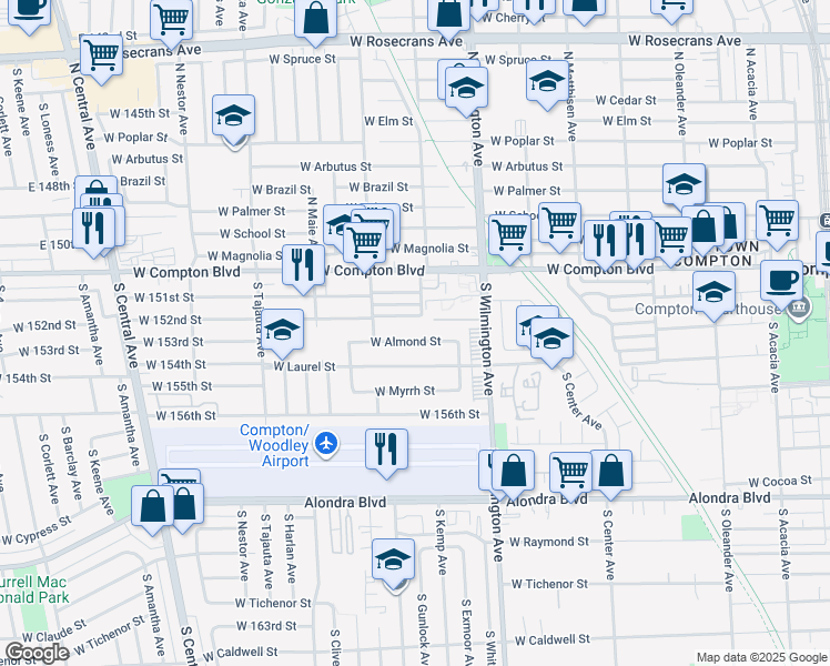 map of restaurants, bars, coffee shops, grocery stores, and more near 941 West Almond Street in Compton