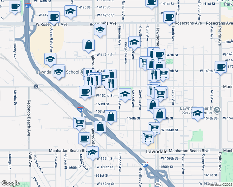 map of restaurants, bars, coffee shops, grocery stores, and more near 4611 West 152nd Street in Lawndale