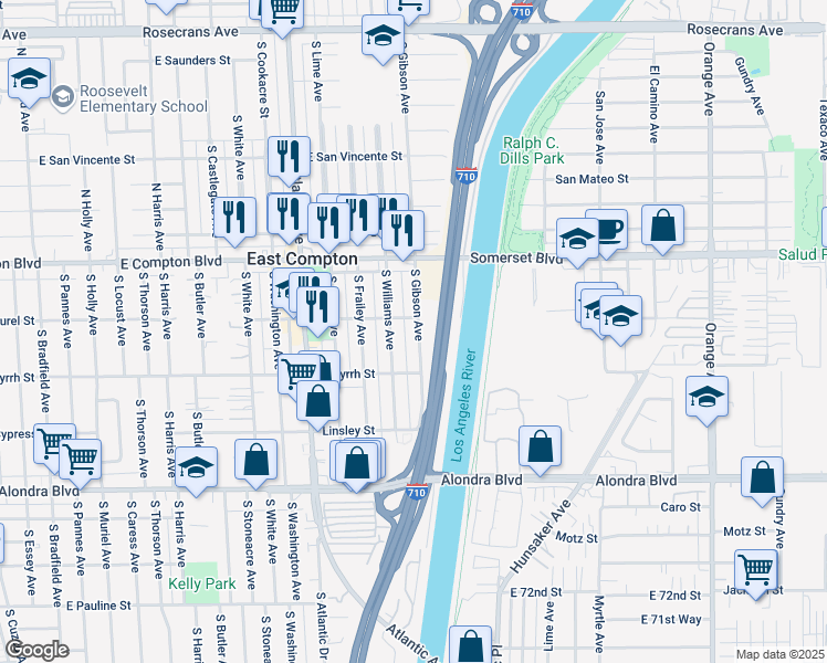 map of restaurants, bars, coffee shops, grocery stores, and more near 15315 South Gibson Avenue in Compton