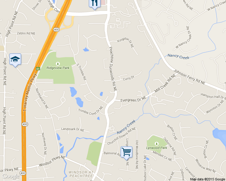 map of restaurants, bars, coffee shops, grocery stores, and more near 115 Claridge Drive Northeast in Atlanta