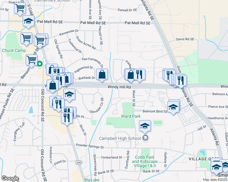 map of restaurants, bars, coffee shops, grocery stores, and more near 790 Windy Hill Road in Smyrna